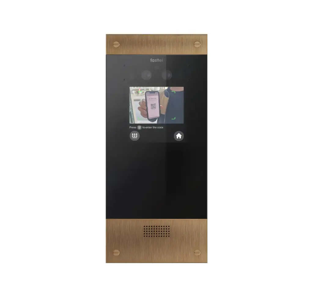 Black smart home device with screen showing time and temp
