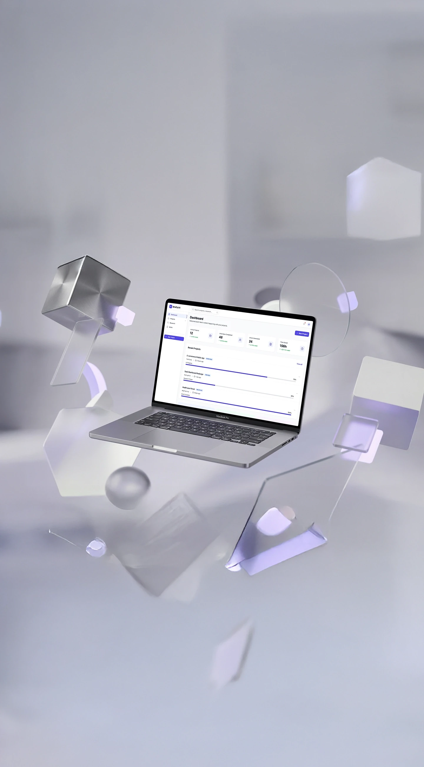 מוקאפ תלת-ממדי (3D) ריאליסטי של MacBook Pro המציג את עיצוב ממשק המשתמש (UI) של דשבורד BrieflyUX. המסך מציג כלי ניהול למחקר חווית משתמש (UX Research) עם נתונים על פרויקטים פעילים, ראיונות וחיסכון בזמן. המחשב מרחף בחלל אבסטרקטי נקי עם אלמנטים גיאומטריים ממתכת וזכוכית בגווני סגול ולבן, המדגישים אסתטיקת SaaS יוקרתית.