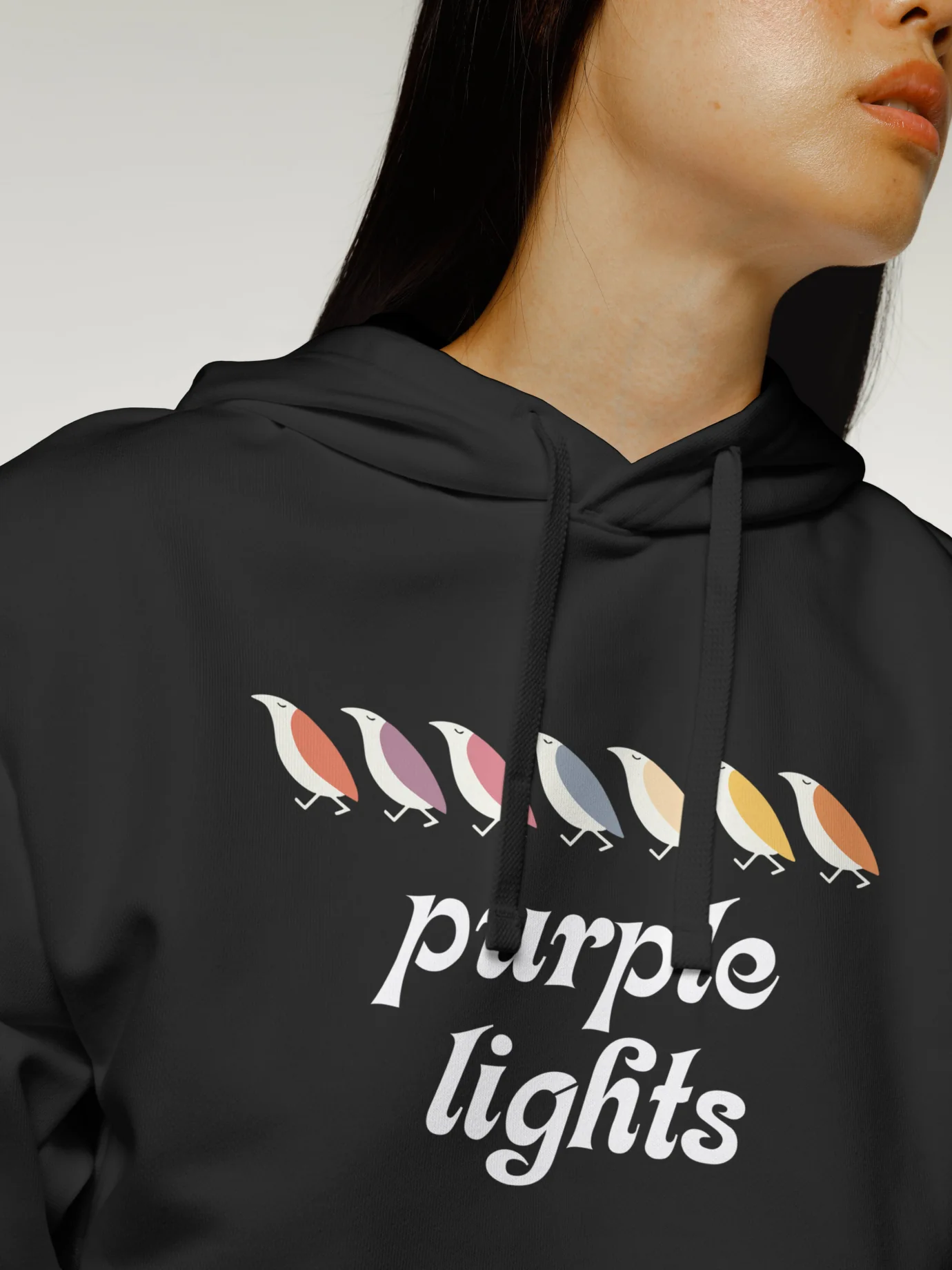 Purple Lights — Woman wearing branded sweatshirt — Merchandise design