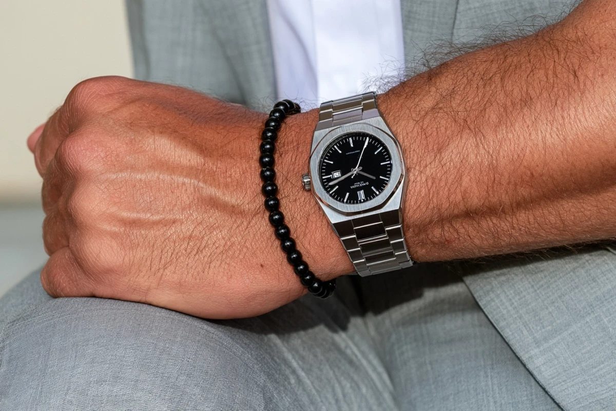 A man's wrist with a black onyx bracelet beside a watch.