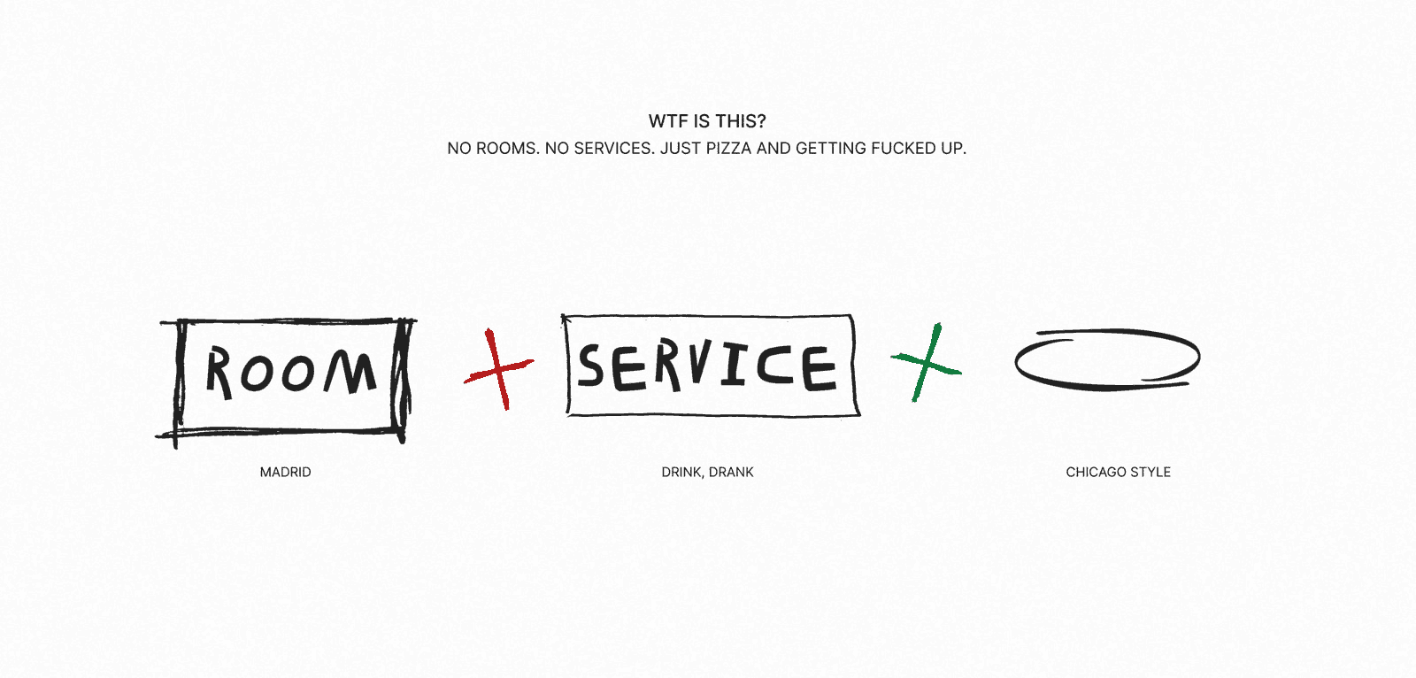 Room Service wordmark: two words boxed by hand, joined by a red cross and a green cross, closed by a hand-drawn ellipse.