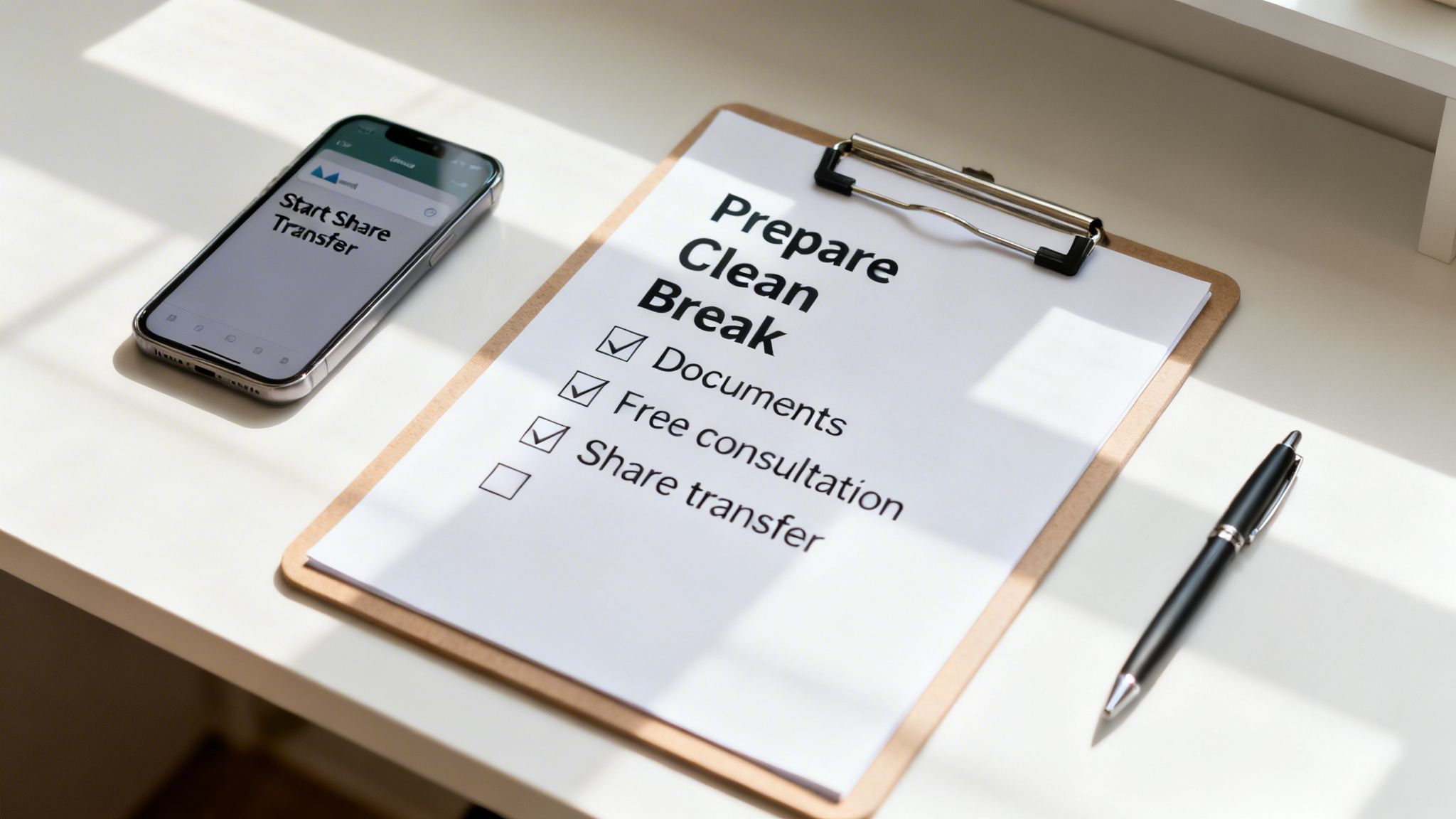 A checklist on a clipboard titled 'Prepare Clean Break' next to an iPhone displaying 'Start Share Transfer' on a desk.