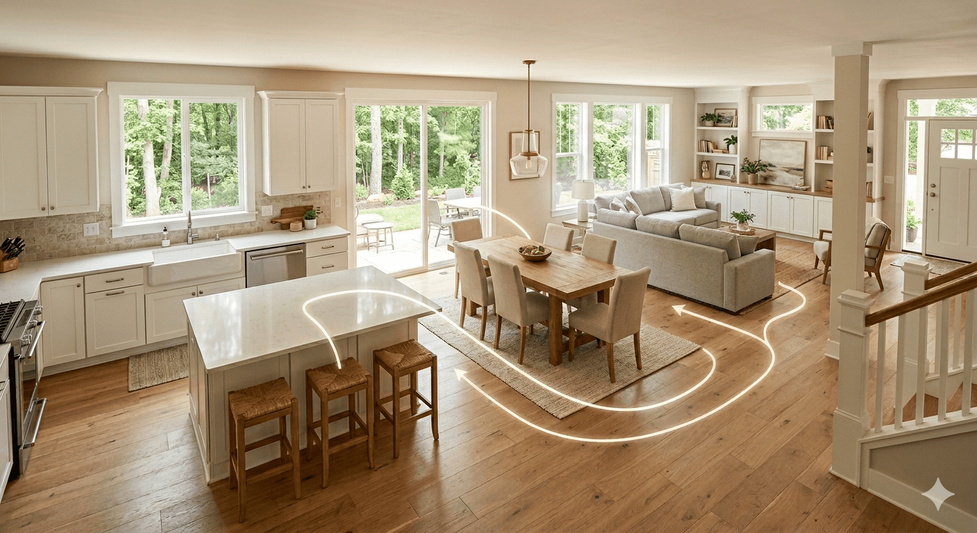 An elevated, wide-angle view of a bright, open-concept home interior featuring a kitchen, dining area, and living room that flow seamlessly together. The space is filled with warm, natural light and finished with light wood floors and a soft neutral palette.