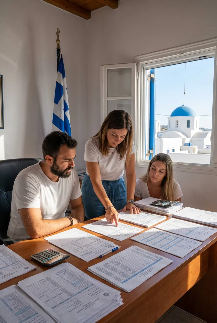 Illustration of Greek small businesses and freelancers reviewing financial documents and tax forms.
