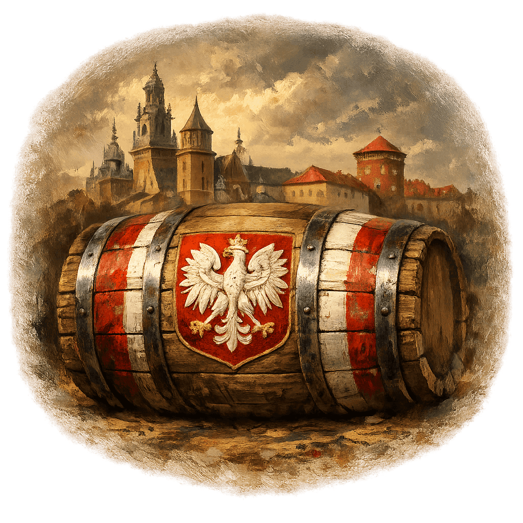 Wine barrel featuring the Poland national emblem for regional wine education.