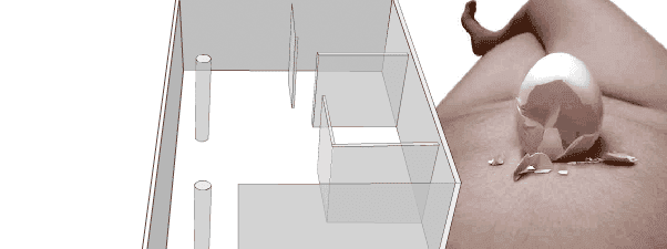 abstract rendering of a building and a person with a metallic egg