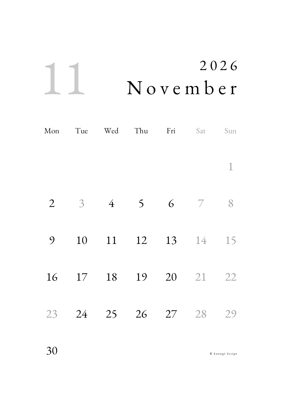 2026年11月カレンダー