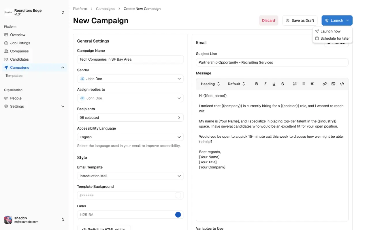 Recruitment platform screen for building a new outreach campaign with an email template editor.