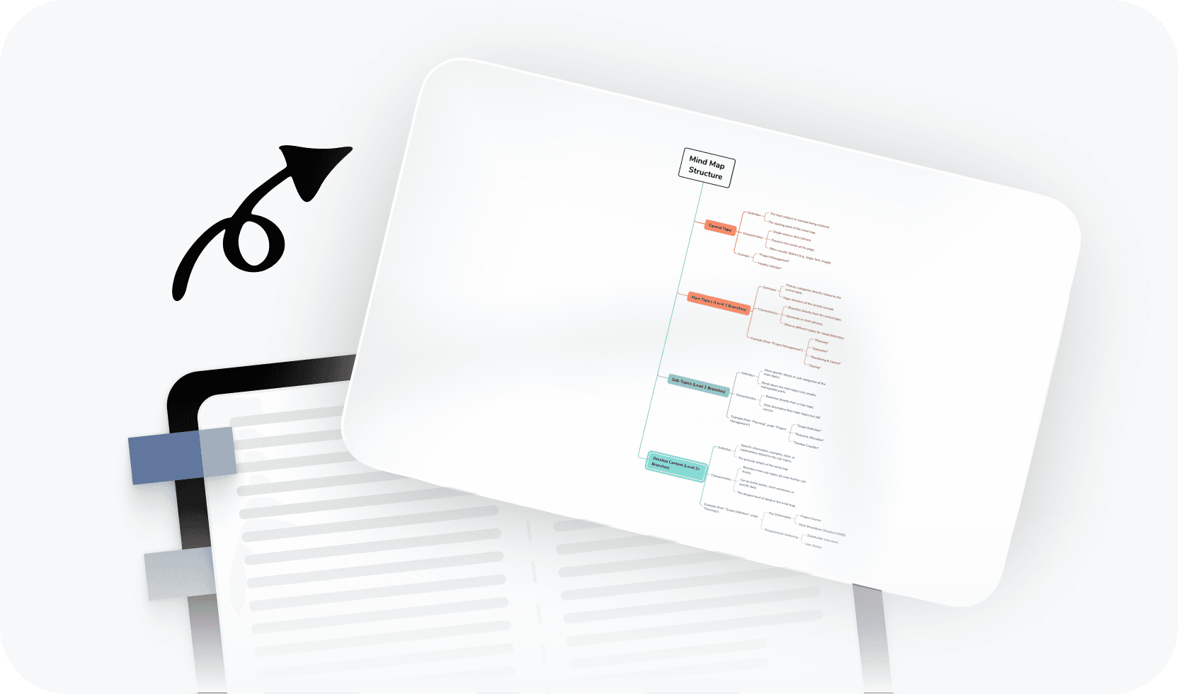 Layered tree chart illustration showing multi-level hierarchy expanding outward from a root node