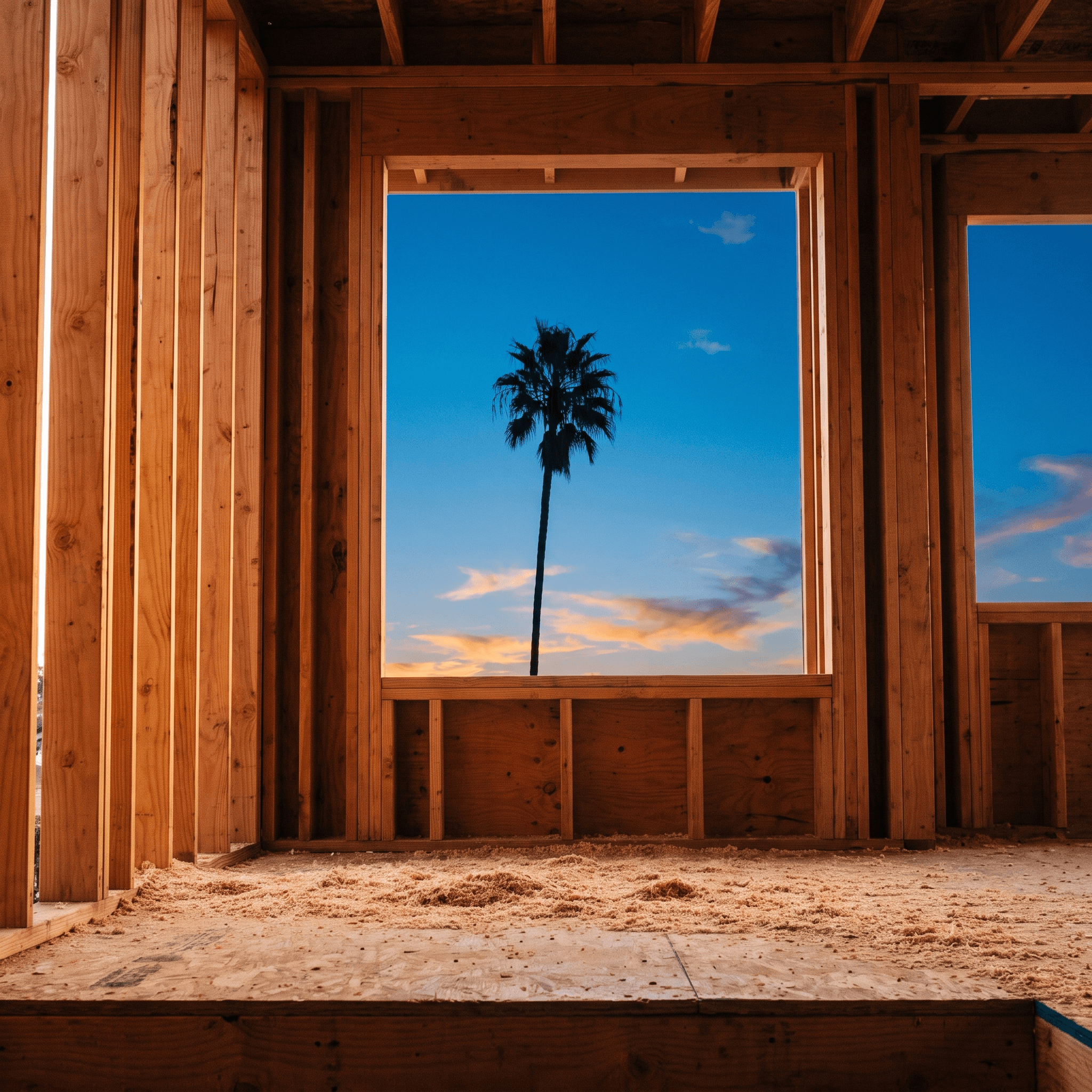 View through the framing of a custom home build looking out to a clear blue Southern California sky