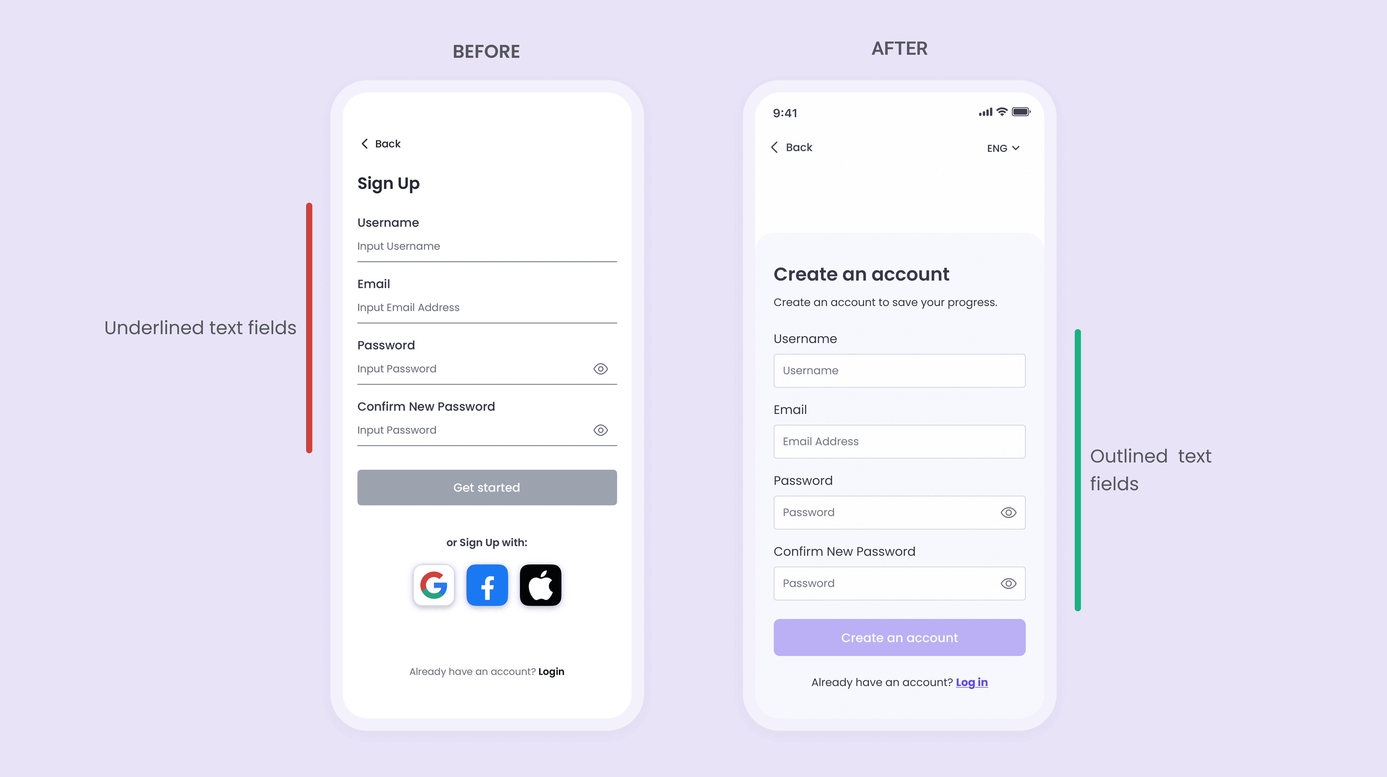 Side-by-side comparison of the Mental Power account creation screen before and after redesign. The original version used underlined text fields, while the redesigned screen uses outlined input fields to improve readability, accessibility, and form clarity, with a clearer primary action for account creation.