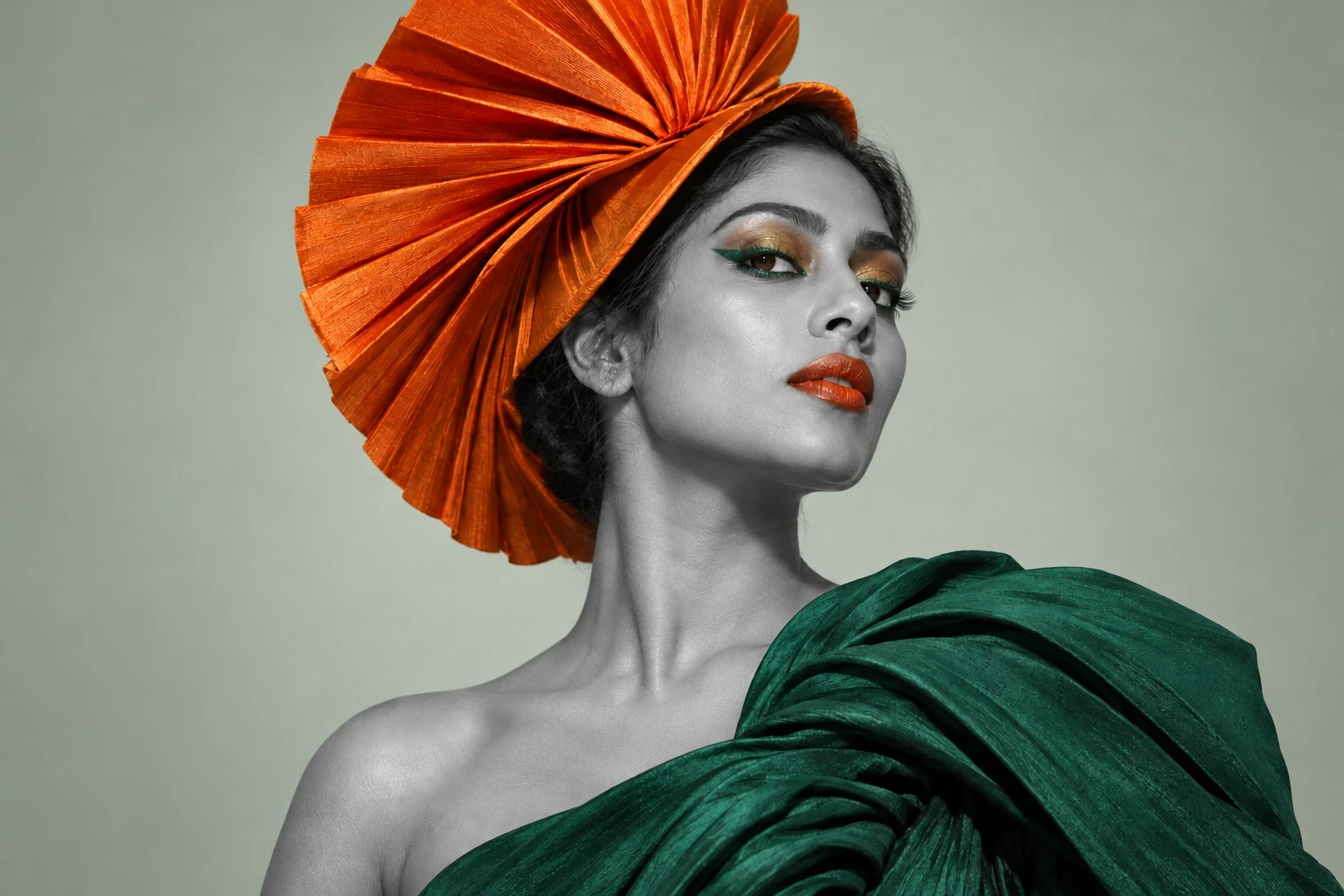 Selective-colour version: Portrait with an orange pleated hat, green eyeliner and emerald fabric