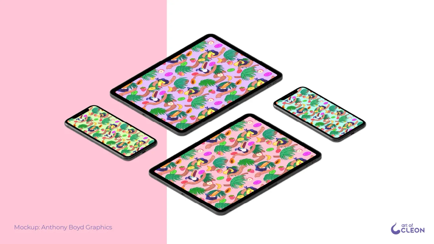 Two tablets and two phones arranged diagonally, each displaying a different Touc Fruits background color as a full-screen wallpaper.