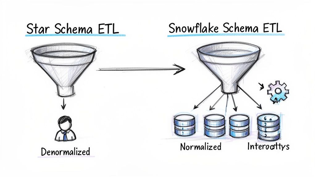 Diagram comparing Star Schema ETL for denormalized data against Snowflake Schema ETL for normalized data.