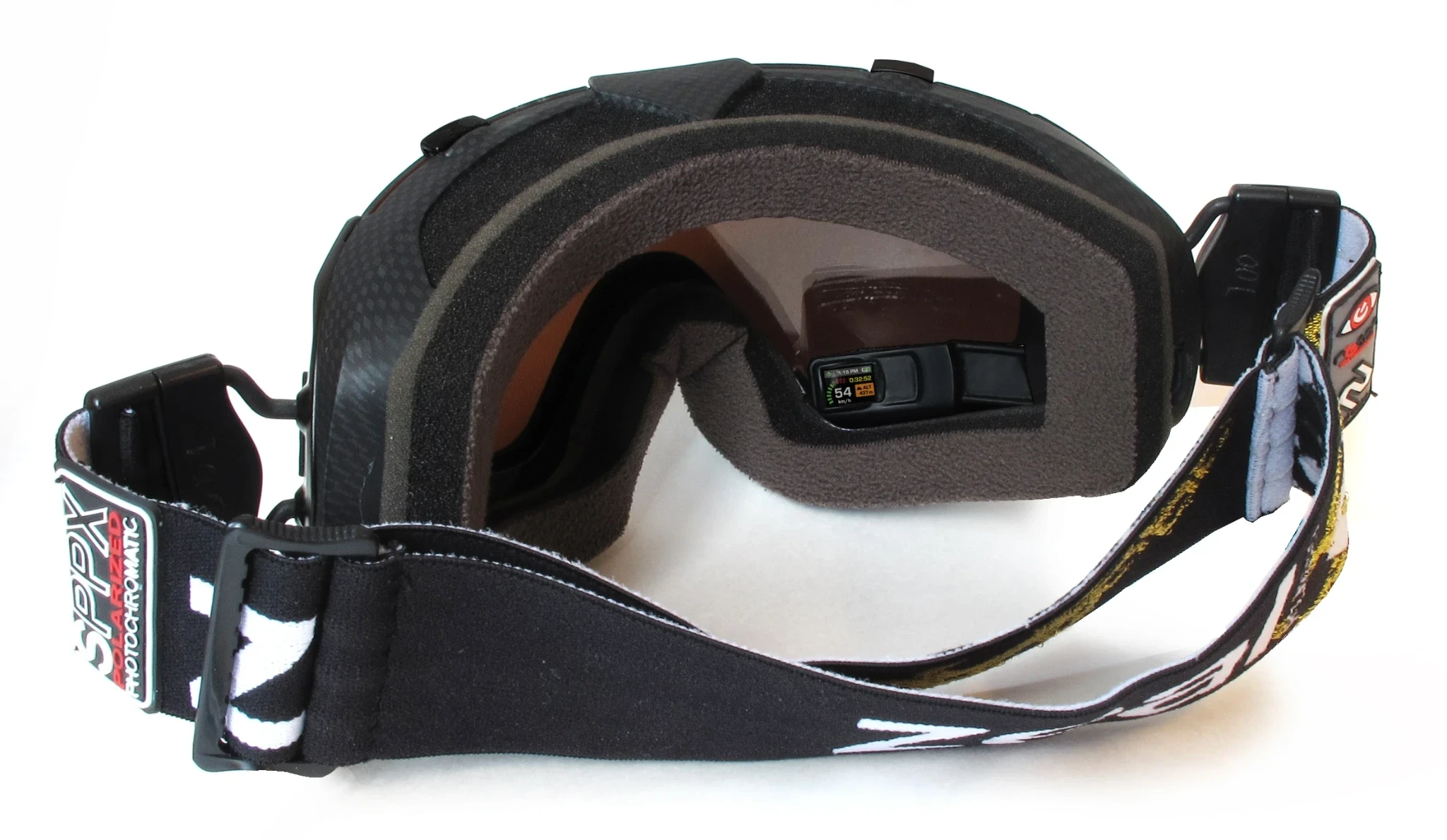 Interior of the 2010 Recon-Zeal Transcend ski goggles, showing the small color HUD inside the lower-right corner of the frame.