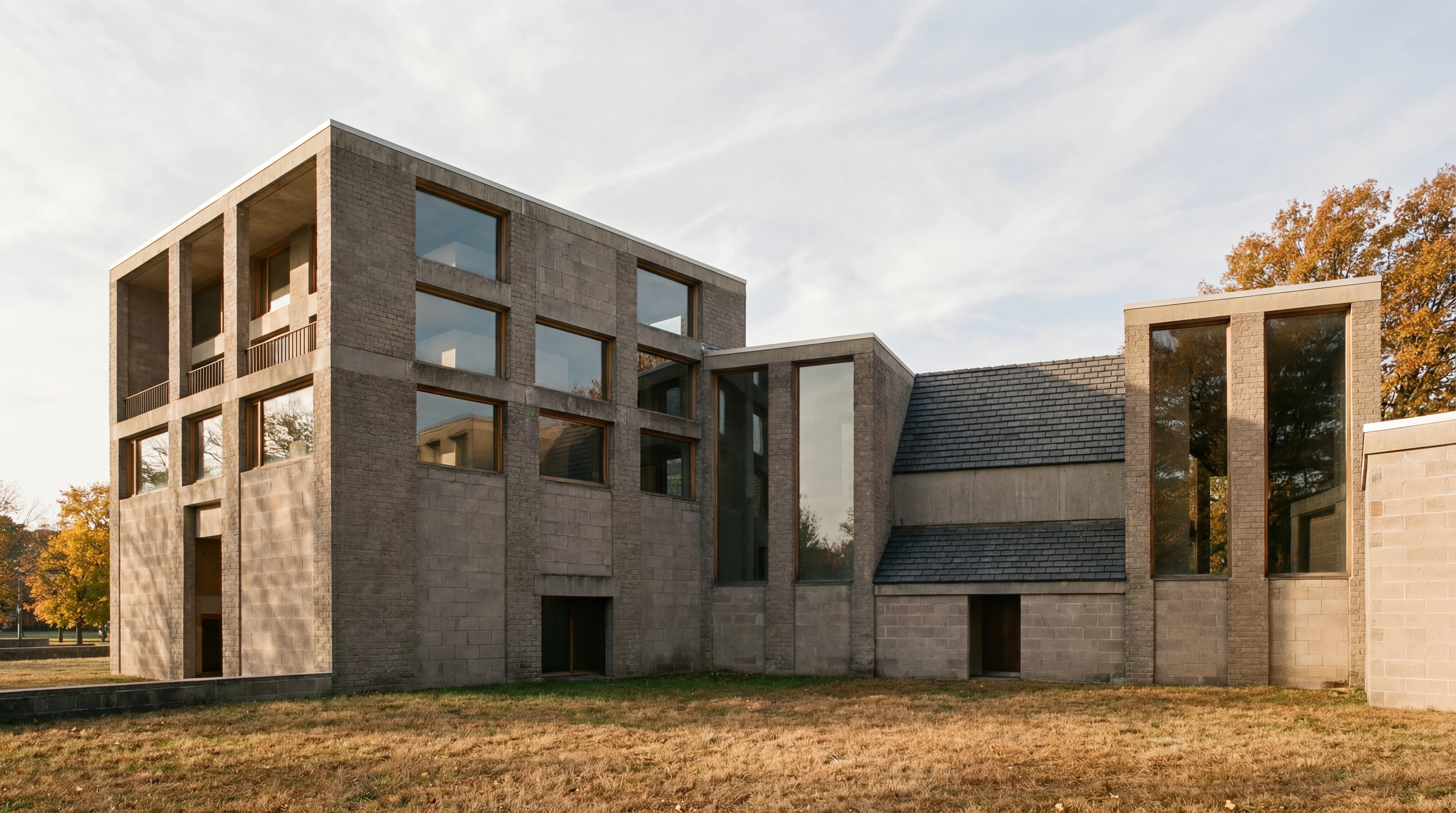 Concrete courtyard exterior with slate pitched roofs in warm light — Dominican Motherhouse II AI reconstruction