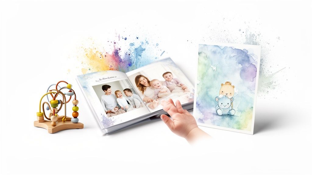 A wooden bead maze, an open baby photo album, and a teddy bear card with colorful watercolor splashes.