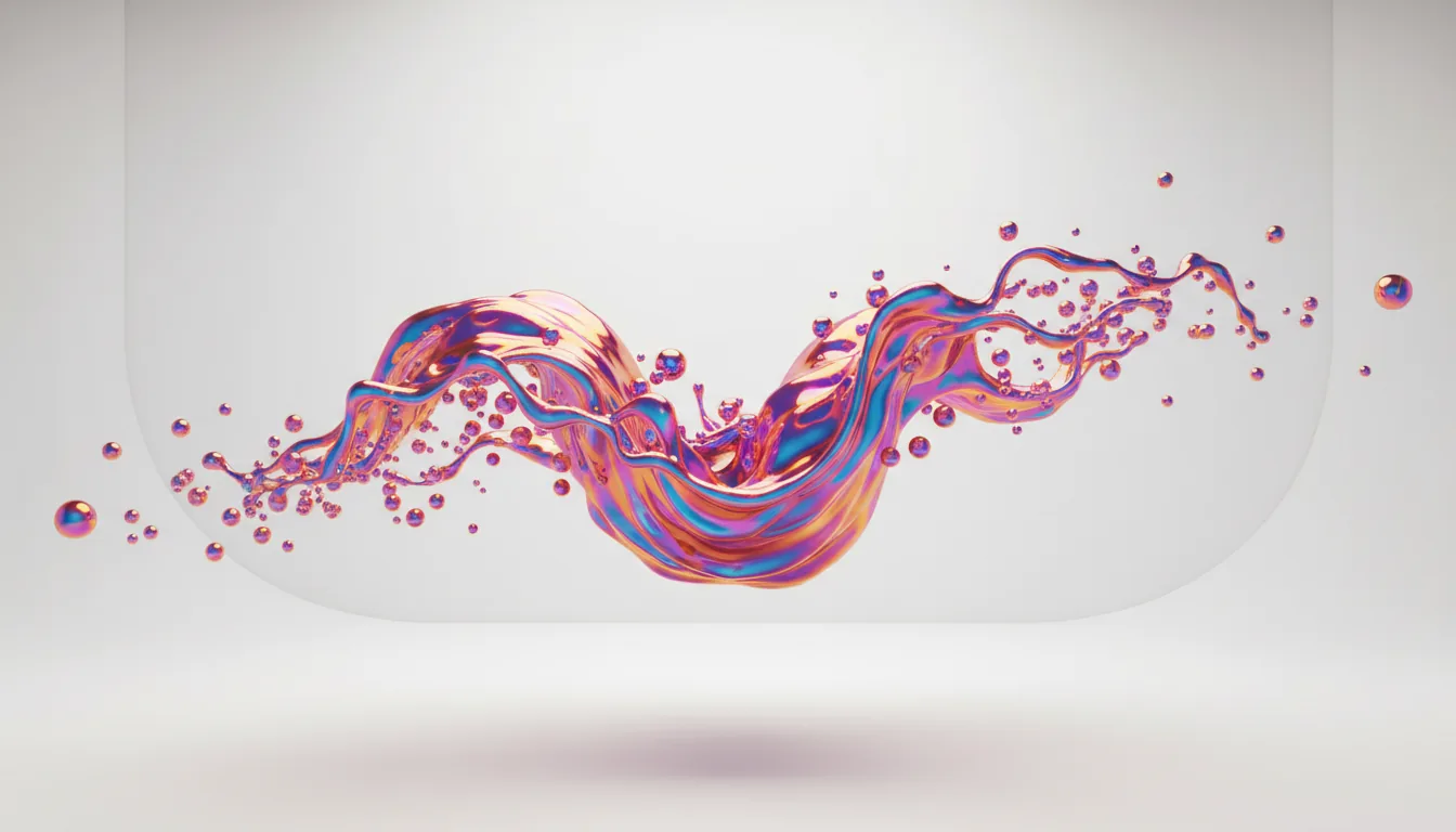 Abstract 3D render of a hand-shaped splash made of iridescent liquid in purple and orange tones, suspended mid-air against a light background