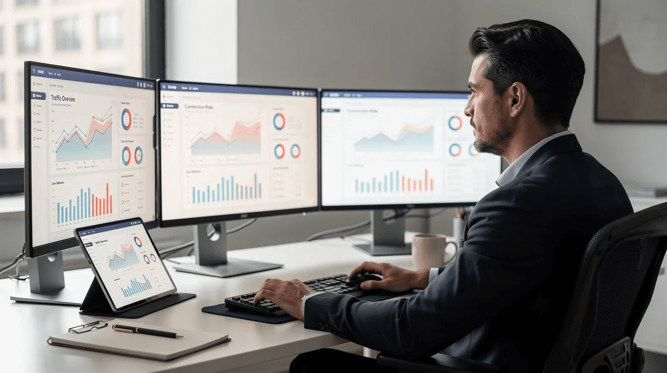 A professional web developer is seated at a desk surrounded by multiple monitors that display detailed website analytics and colorful graphs, highlighting the performance of various web projects. This scene reflects the expertise and focus of a leading web design agency dedicated to delivering high-performance websites and measurable results for their clients.