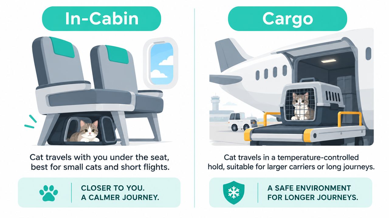 An infographic showing two cat travel options on an airplane, in-cabin and cargo with descriptive text.