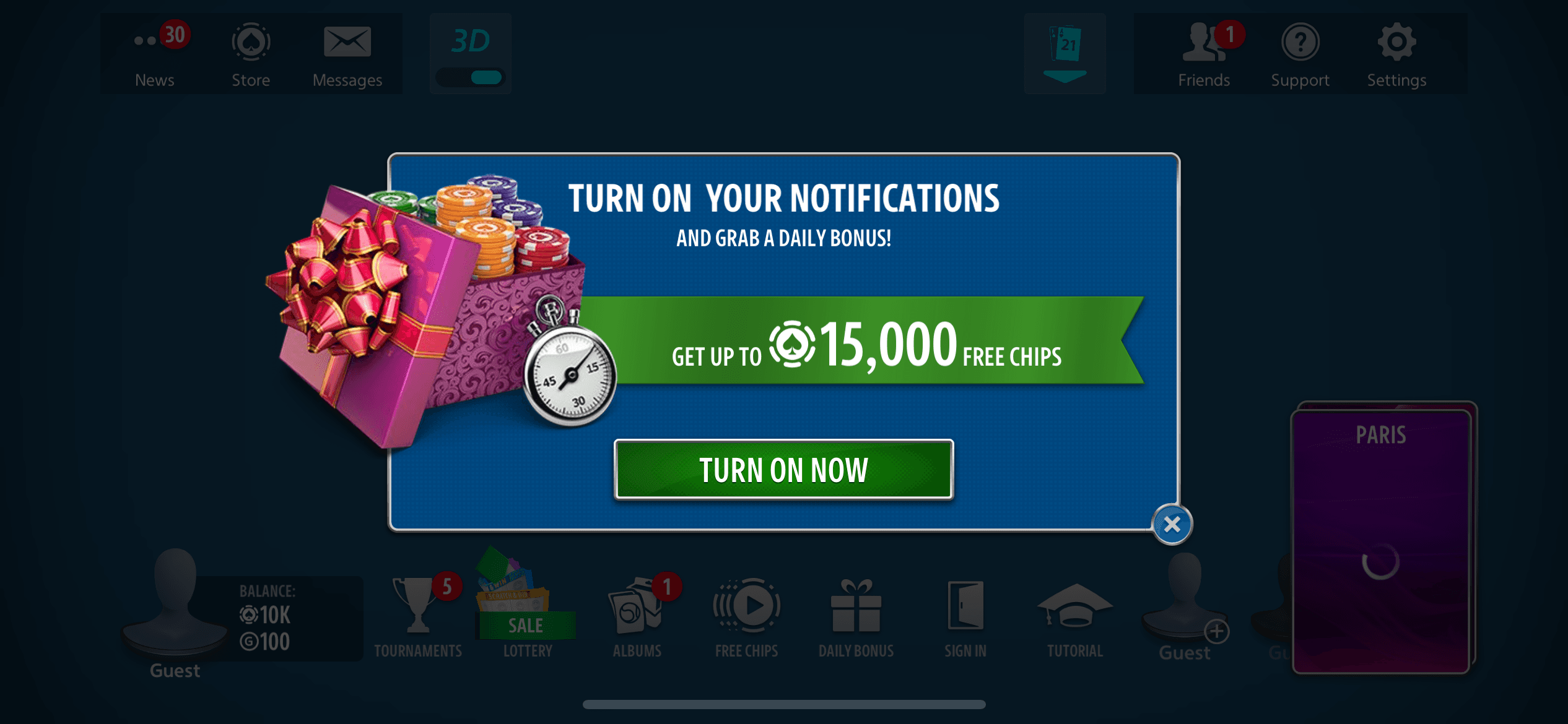 Screenshot of a pre-prompt popup that says, "Turn on your notifications and grab a daily bonus!"