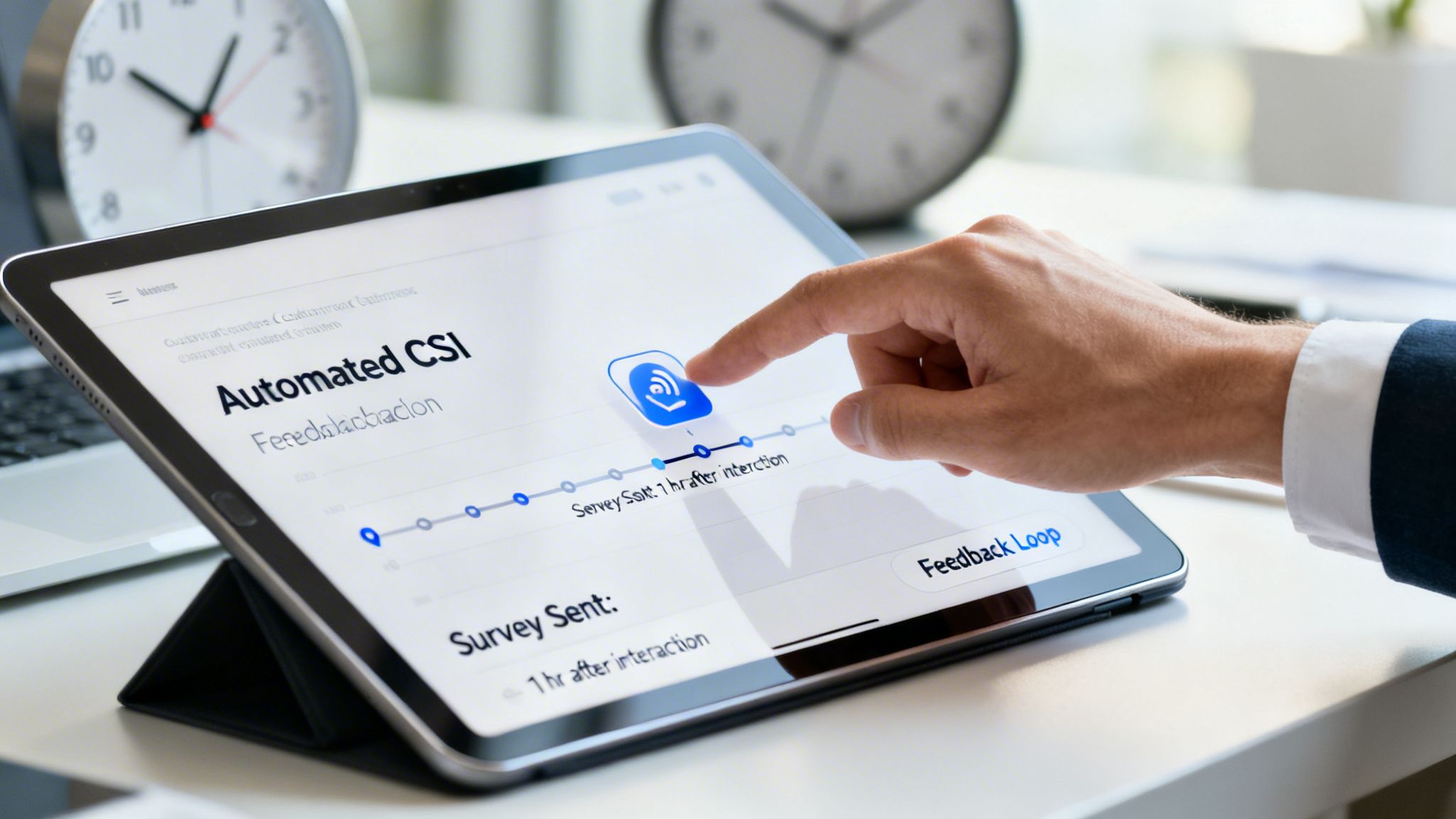 A professional hand interacts with a tablet showing an automated customer satisfaction index feedback process timeline.