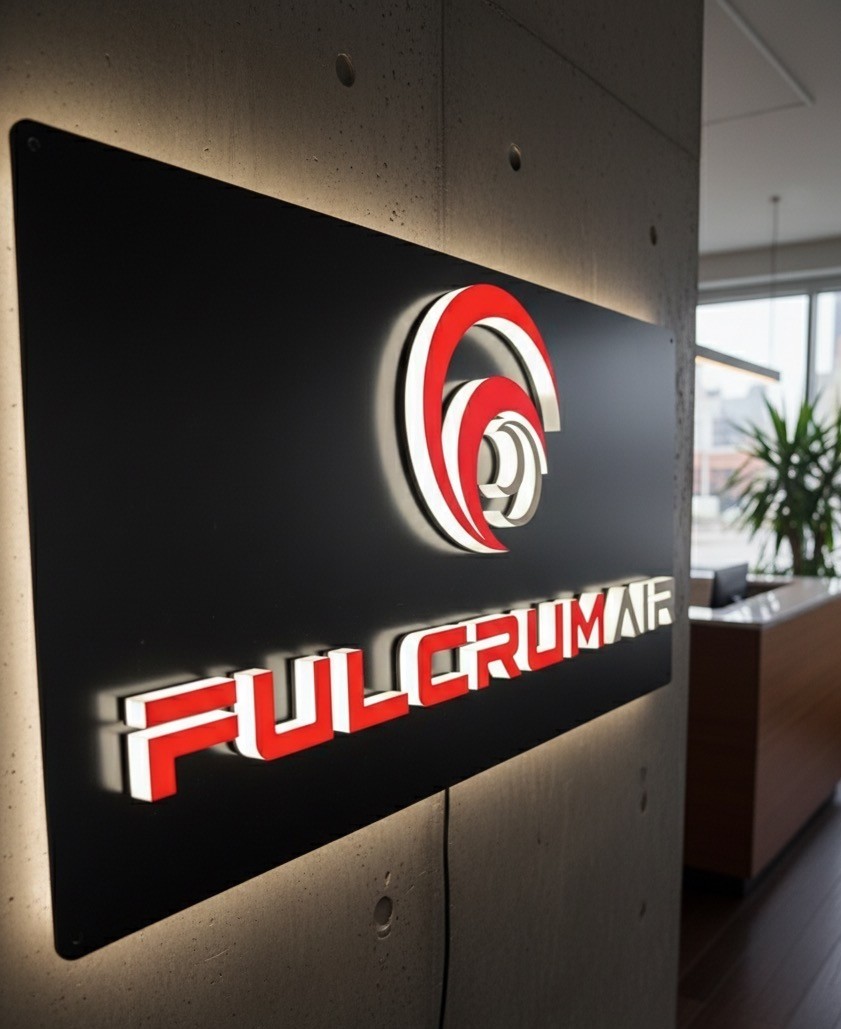 A premium indoor office sign for FulcrumAir featuring 3D push-through acrylic letters and a red logo with white halo lighting, mounted on a black panel against a concrete wall.