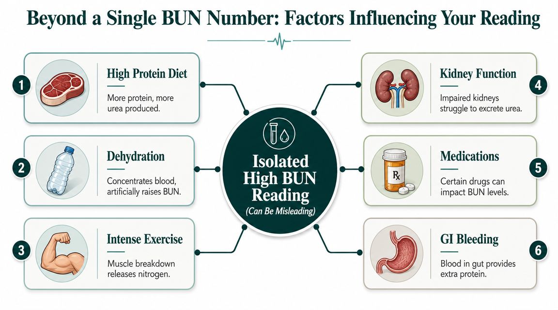 An infographic showing six factors like diet, exercise, and kidney function that can cause high BUN blood test results.