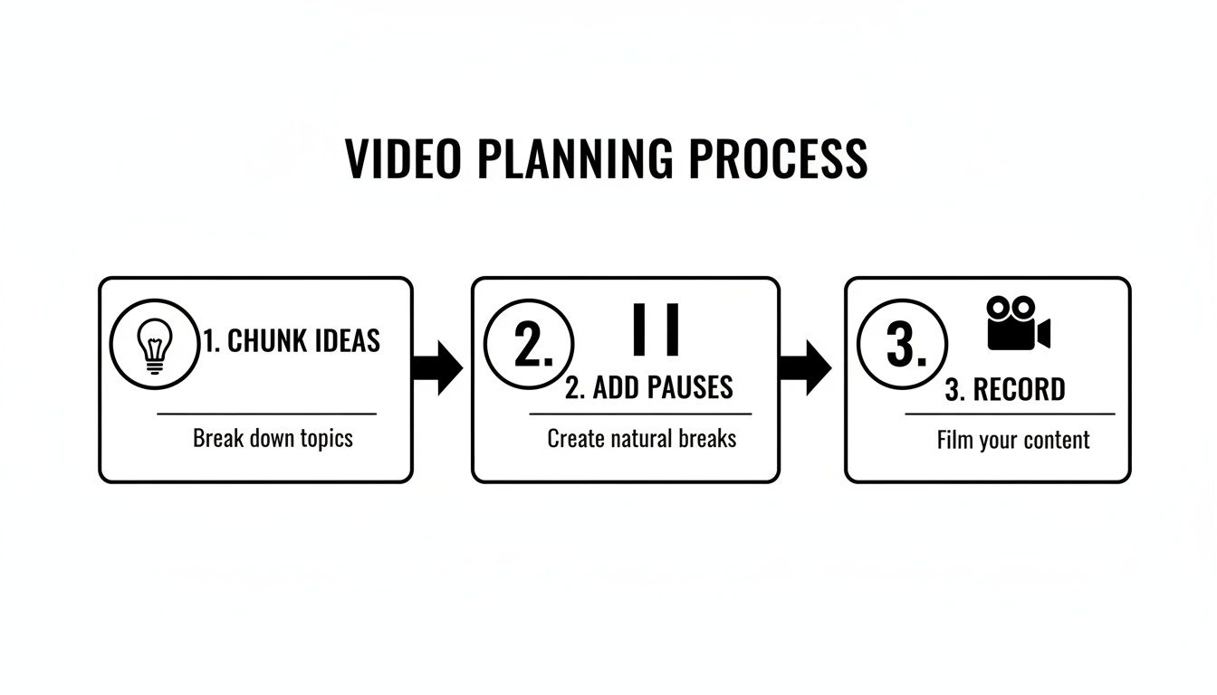 Visual guide outlining the three-step video planning process with icons for ideas, pauses, and recording.