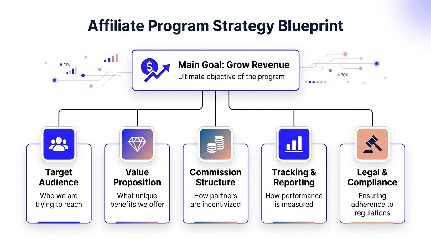 A diagram titled Affiliate Program Strategy Blueprint outlining key pillars for program success and revenue growth.