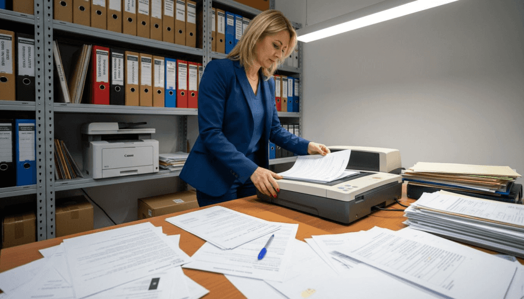 Impiegata al lavoro mentre digitalizza documenti in un ufficio moderno con soluzioni di intelligenza artificiale.