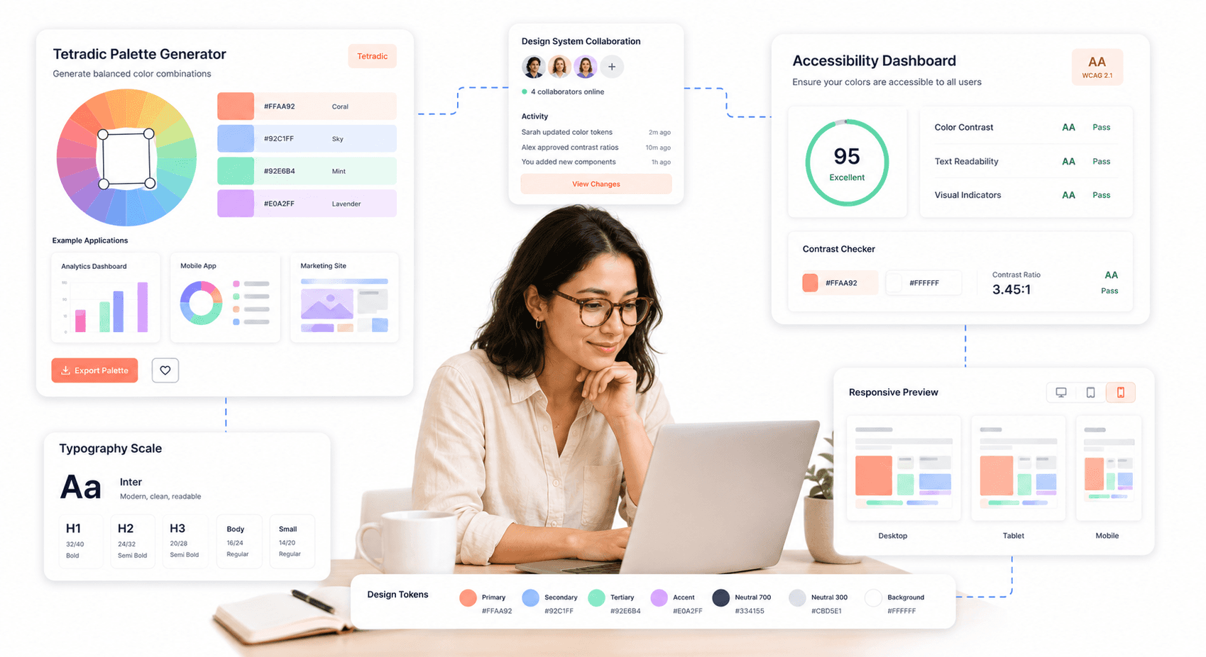 “Professional UI/UX designer using modern color palette tools and floating SaaS design system interfaces for tetradic palette creation.”