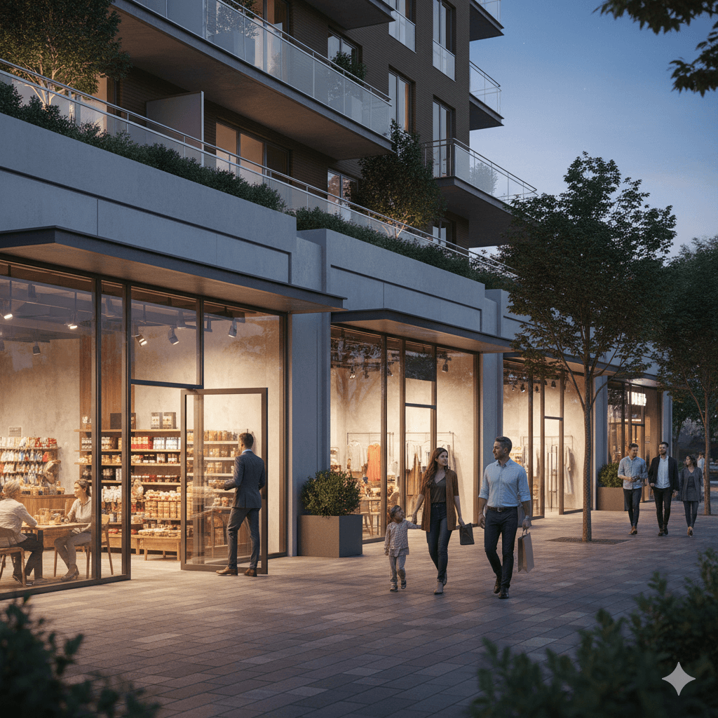 M3M Maple low-rise commercial and retail street.