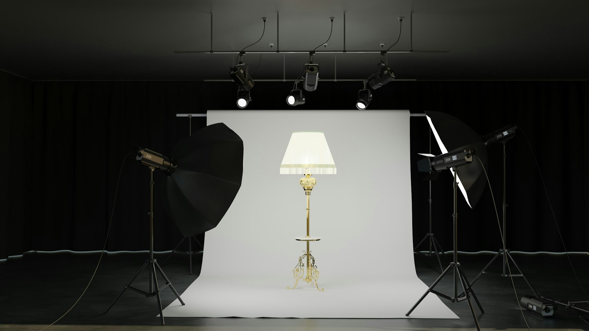 A lamp on a white seamless backdrop in a photo studio with lights