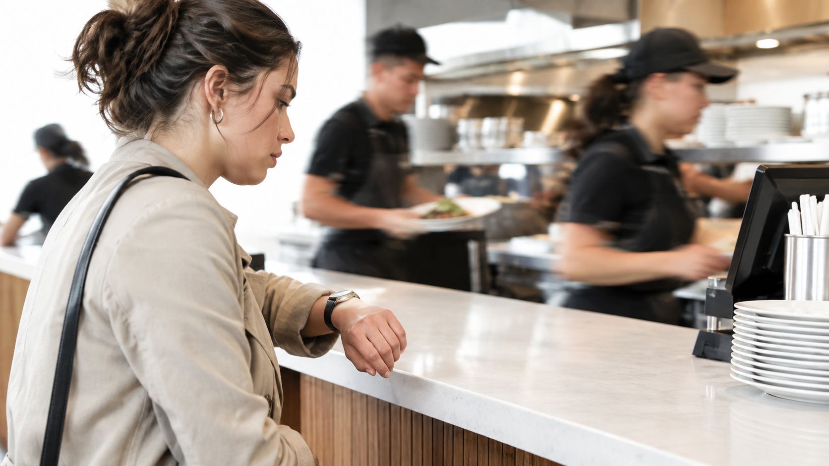 Una mujer joven mirando su reloj en el mostrador de un restaurante mientras los empleados preparan comida.
