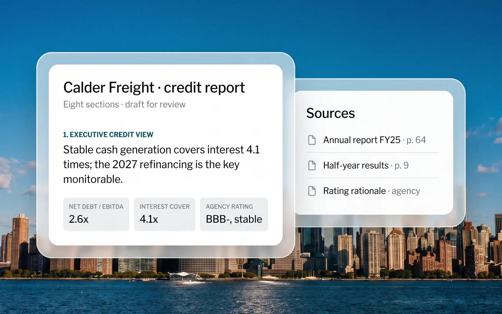 A credit report that opens with the credit view and the figures behind it, beside the three documents it cites