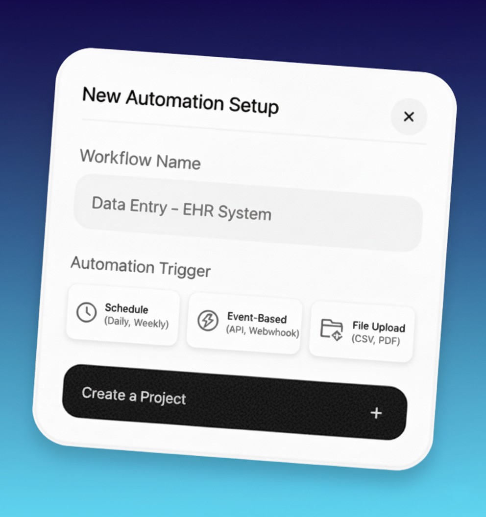 Screenshot of a SaaS product showing a 'New Workspace Setup' form with fields for workspace name, team selection with profile icons, and a 'Create a Project' button.