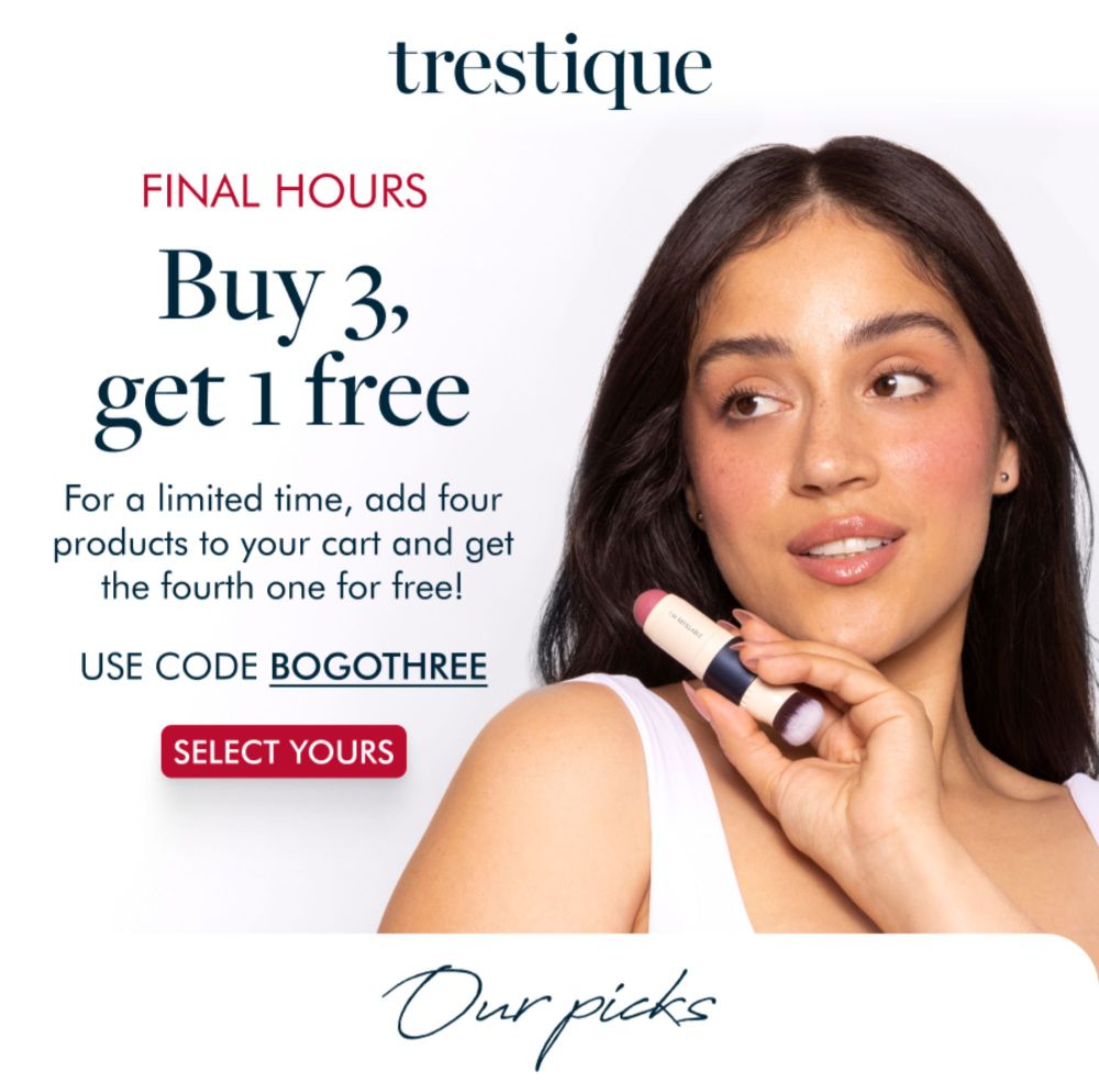 Trestique promotional banner for a 'Buy 3, Get 1 Free' offer with a limited-time code 'BOGOTHREE' and a call-to-action to select products