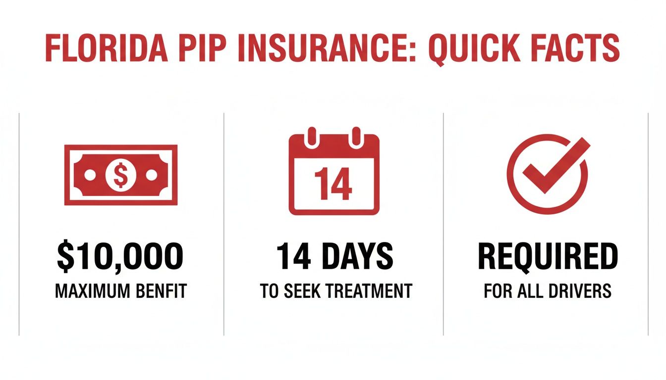 Infographic on Florida PIP insurance quick facts, showing $10,000 maximum benefit, 14 days to seek treatment, and required for all drivers.