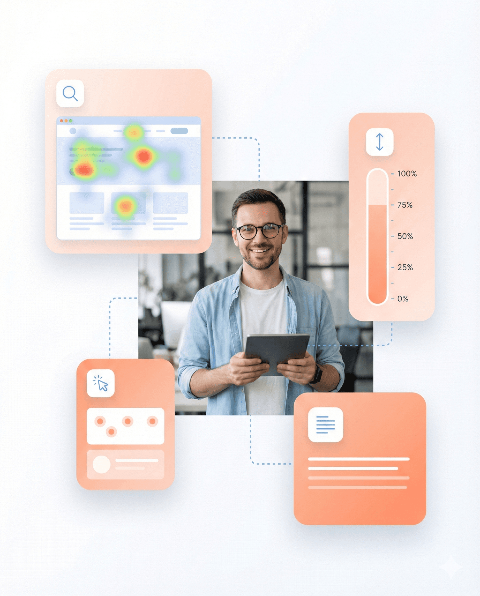 UX audit visualization with heatmaps, scroll depth, and user hesitation indicators highlighting where users struggle and drop off in a digital product interface.