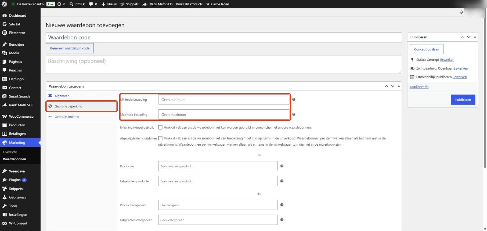 WooCommerce: het tabblad Gebruiksbeperking met minimale besteding en uitsluitingen