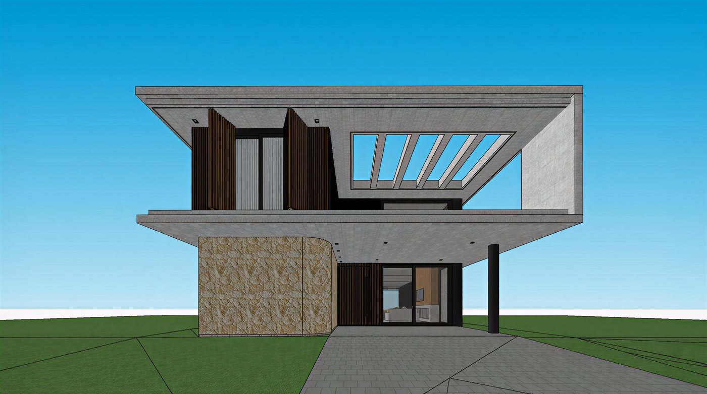Print do mesmo modelo 3D no SketchUp: os volumes da fachada em massa branca, sem material, sem vegetação e sem iluminação tratada.