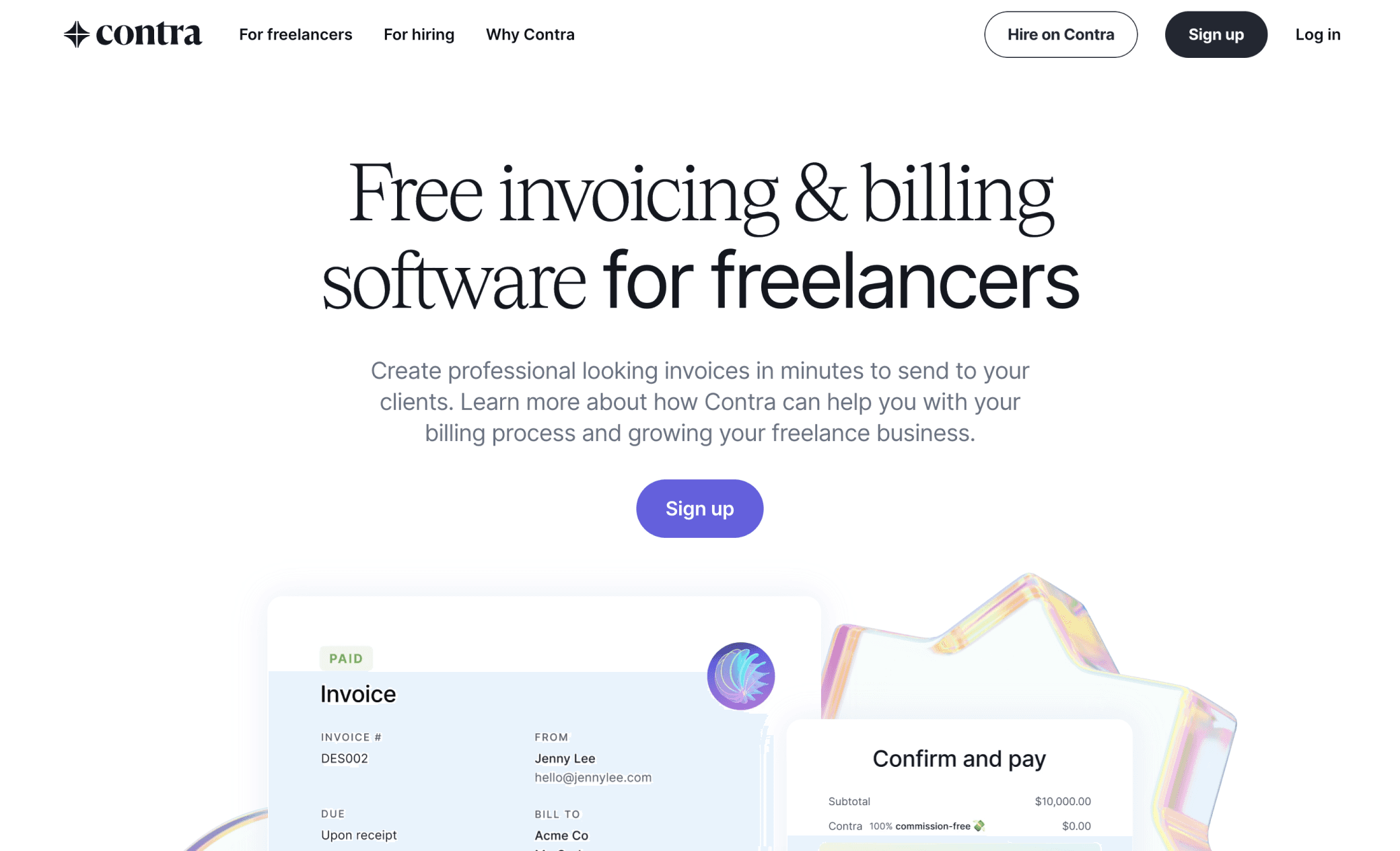 screenshot of contra.com/invoicing page