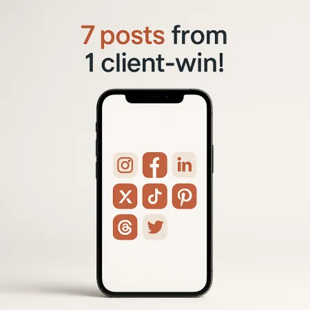 Thumbnail showing a smartphone with “7 posts from 1 client-win!” and social media icons for a menopause coach content prompt