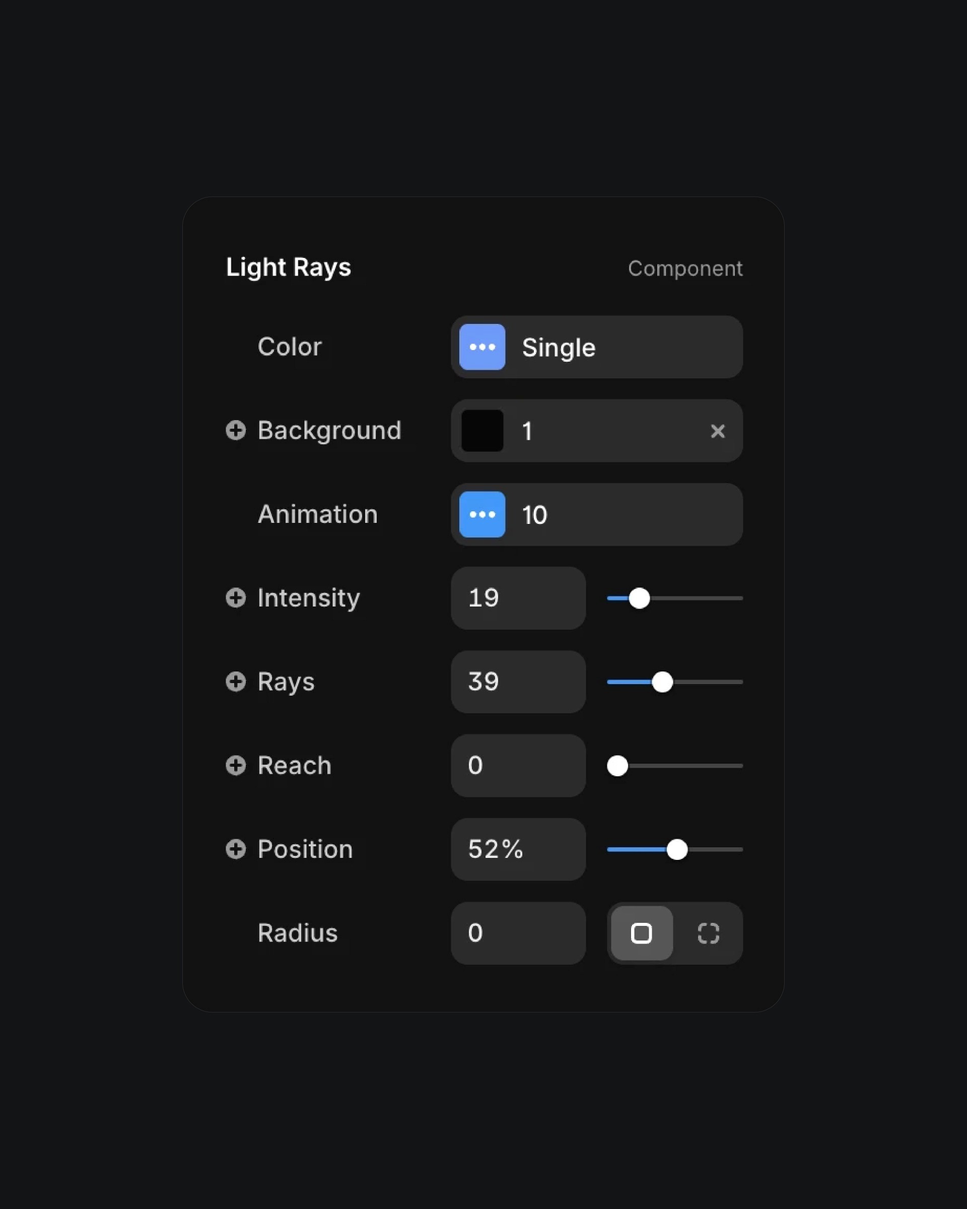 Light Rays component settings with controls for color, intensity, rays, and position