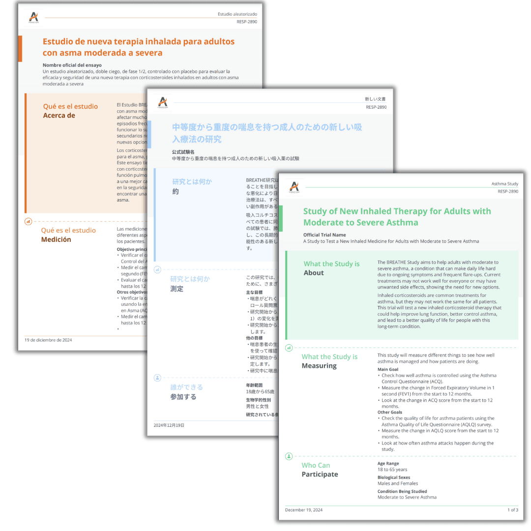 Three documents written in three different languages generated instantly via the Clinials Content Hub for clinical trials