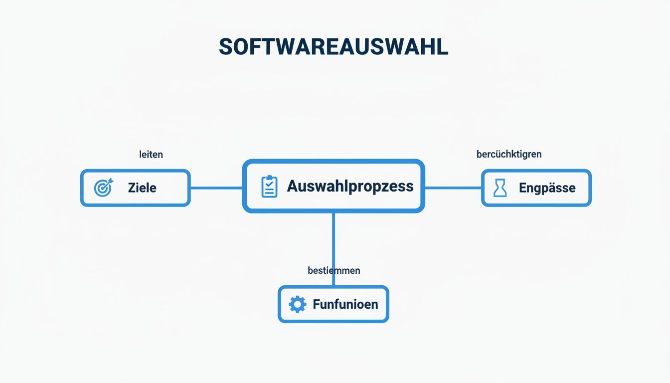 Flussdiagramm zur Softwareauswahl, das Ziele, Engpässe und zu bestimmende Funktionen visualisiert.