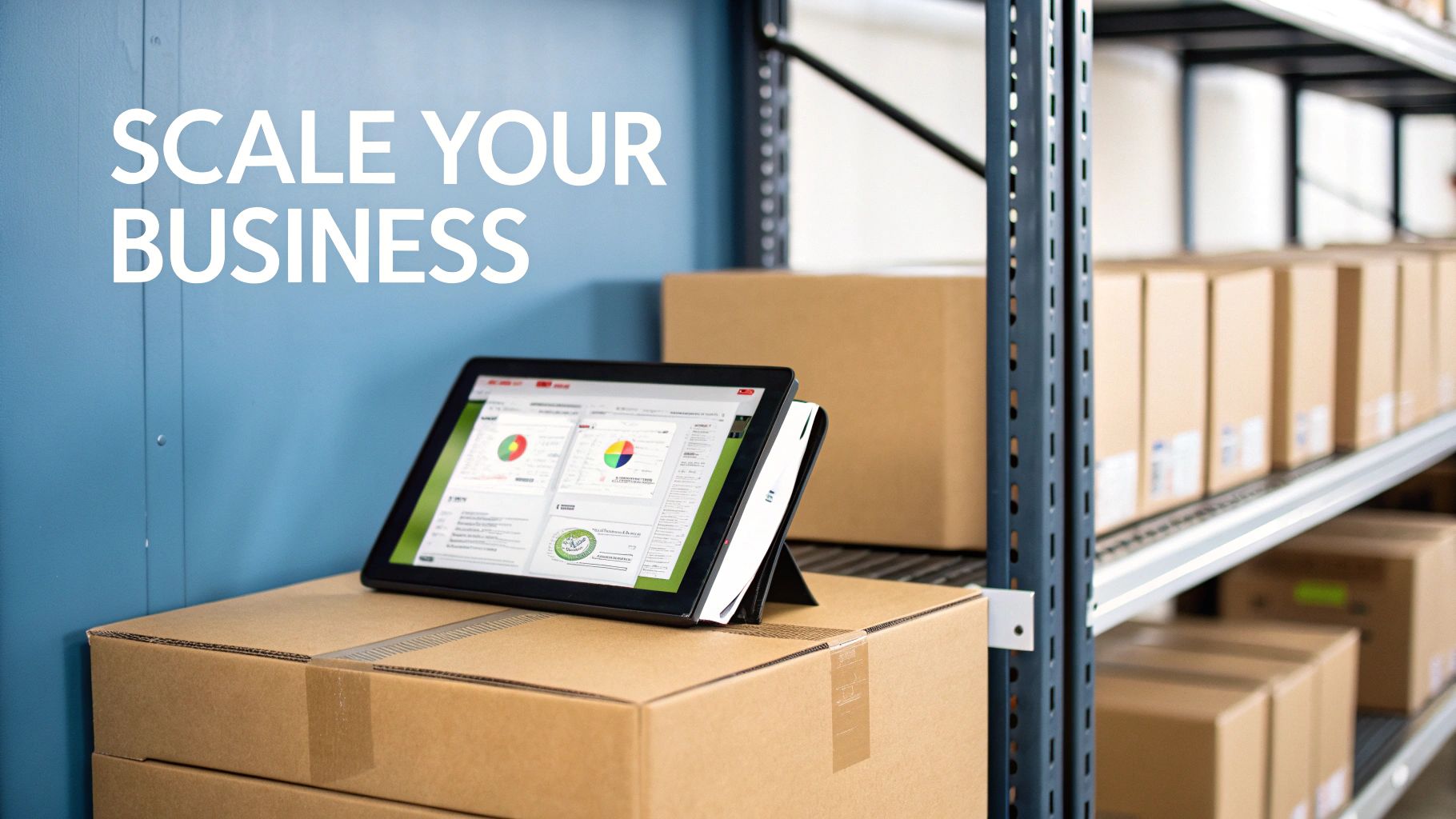 A woman managing business operations with shipping boxes in the background