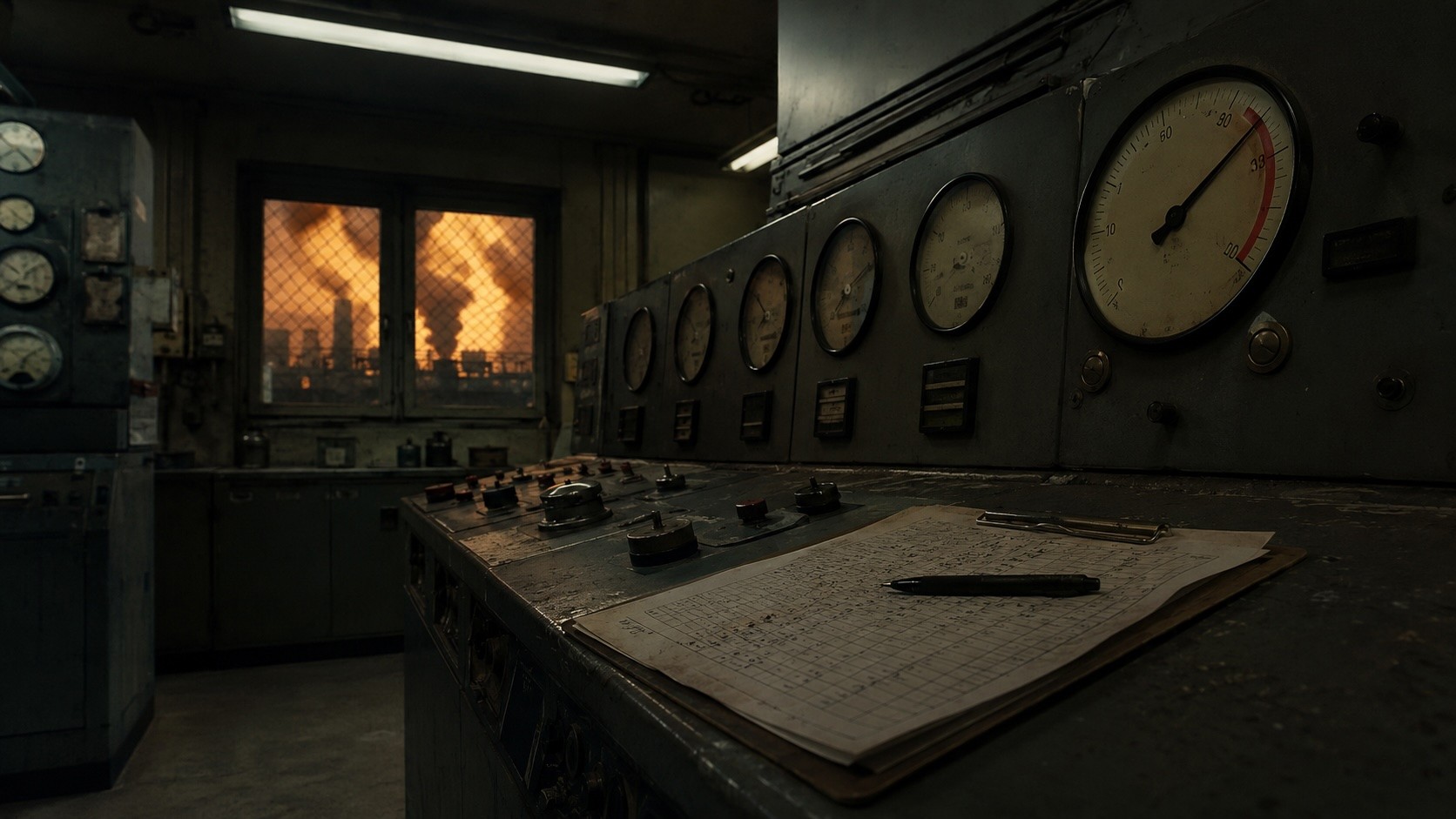 Industrial control panel with pressure gauges, monitoring charts and a factory fire in the background.