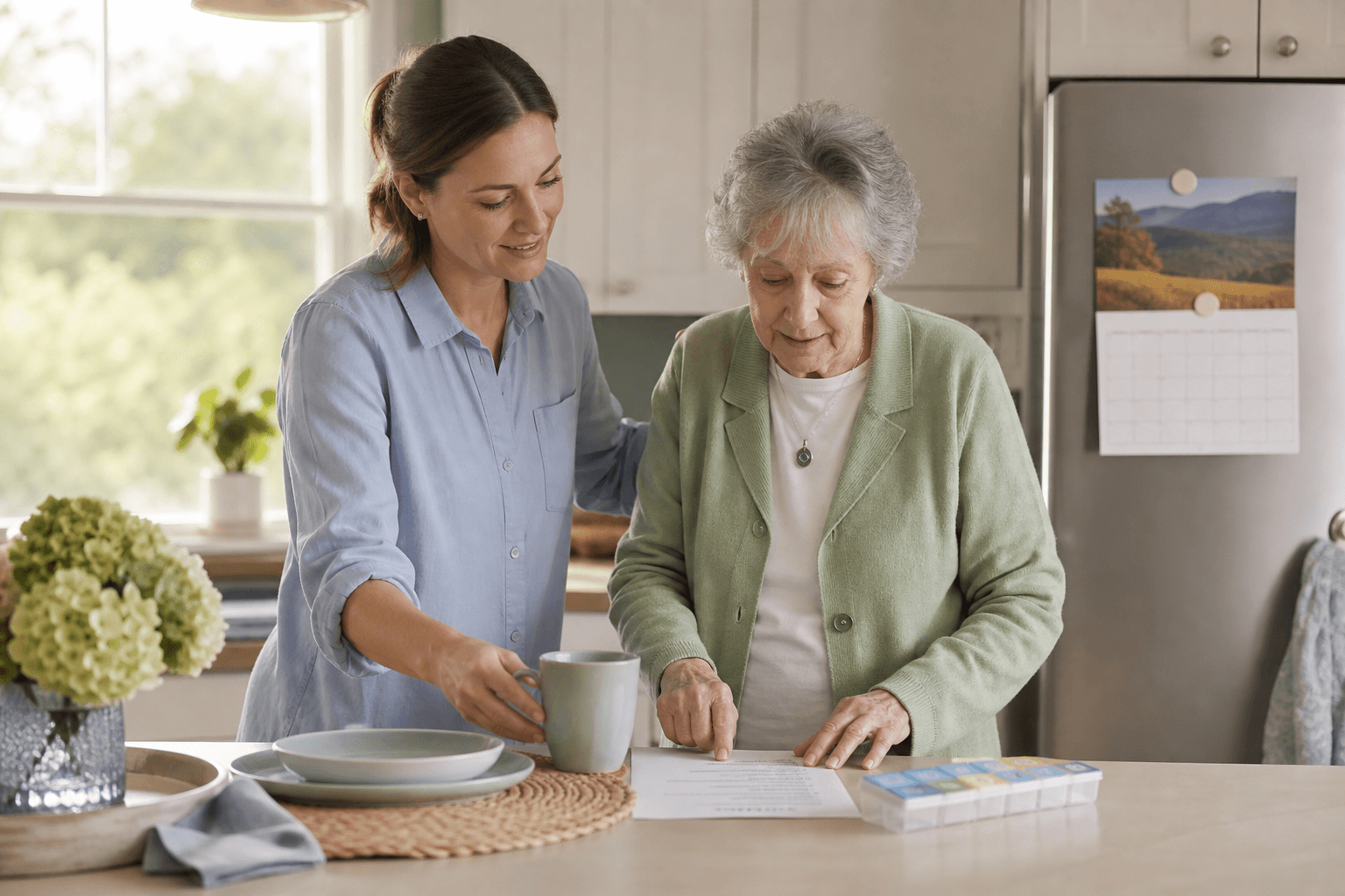 The image depicts a younger woman providing support to a senior woman in a home kitchen setting as the senior reviews a document, likely related to medication instructions. The senior woman is pointing at the paper while a pill organizer and a cup are placed on the table nearby. This scene illustrates the assistance given to elderly individuals in managing their medications, highlighting caregiving and healthcare support at home.